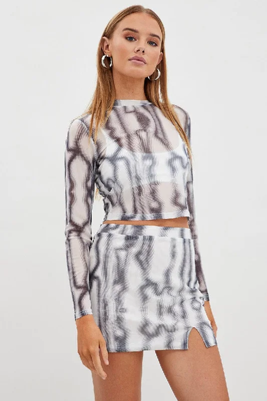 Women's Fashion-Forward Apparel Black Abstract Mini Skirt High Rise Mesh