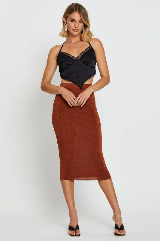Women's Professional Attire Brown Midi Skirt Bodycon
