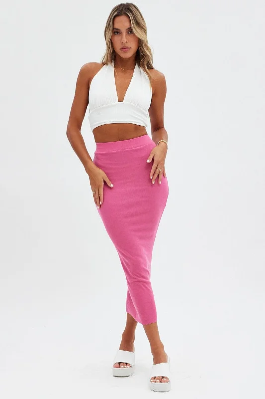 Women's Clothing Boutique Pink Midi Skirt Front Split Jersey