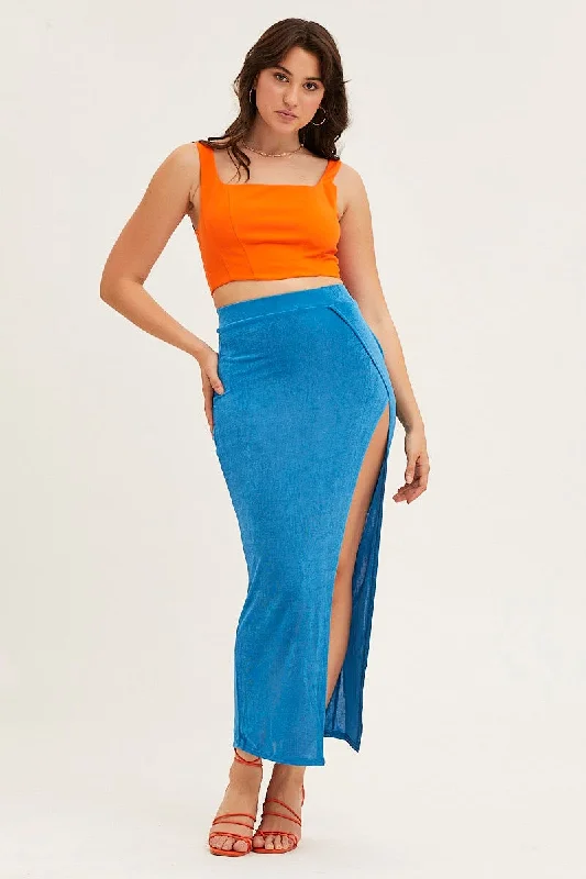 Affordable Online Boutique Blue Jersey Elastic Waist Front Split Midi Skirt