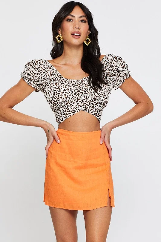 Clothing Sales Orange Linen Blend Front Split Mini Skirt