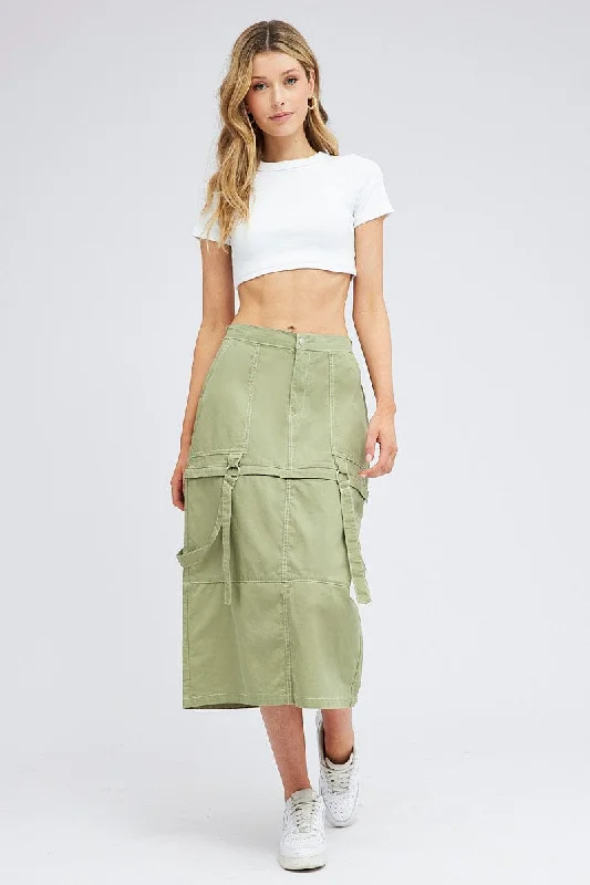 Women's Transitional Attire Green Cargo Skirt High Rise Elastic Two-way Midi Mini