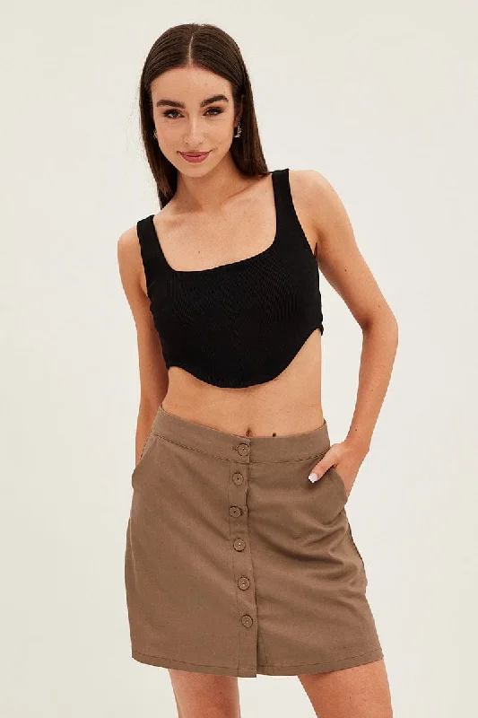 Stylish Everyday Clothing Brown Linen Blend Button Front Mini Skirt