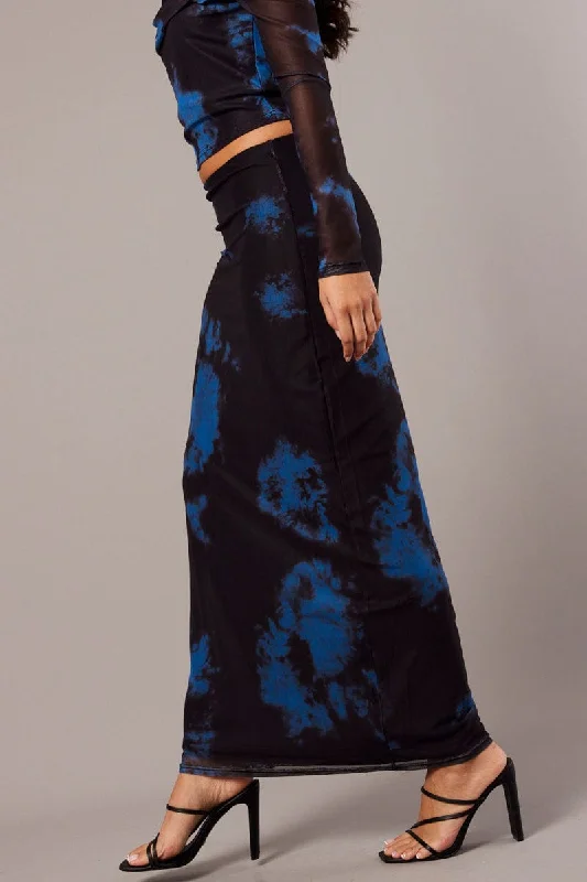 Women's Tailored Outfit Blue Abstract Maxi Skirt High Rise Mesh