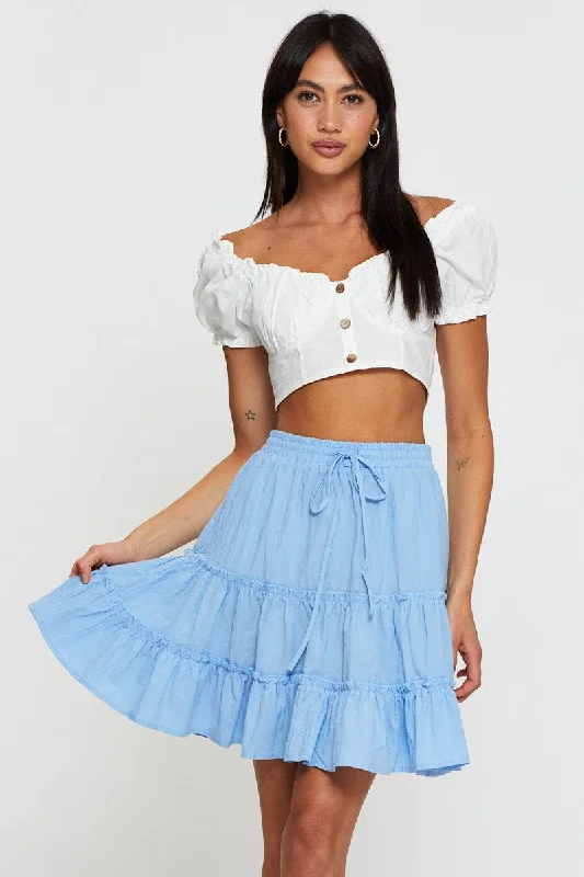 Chic Women's Clothing for Date Nights Blue Elastic Waist Frill Hem Skater Skirt