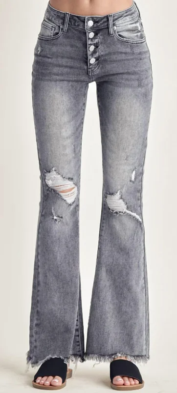 Vintage Clothing For Women Mid Rise Button Flare Jeans In Grey