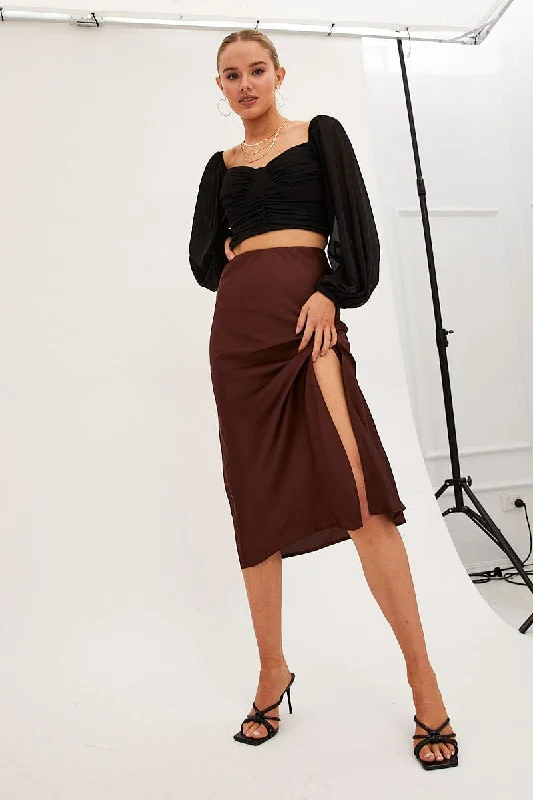 Online Shopping Boutiques Brown Slip Skirt Midi Front Split Satin