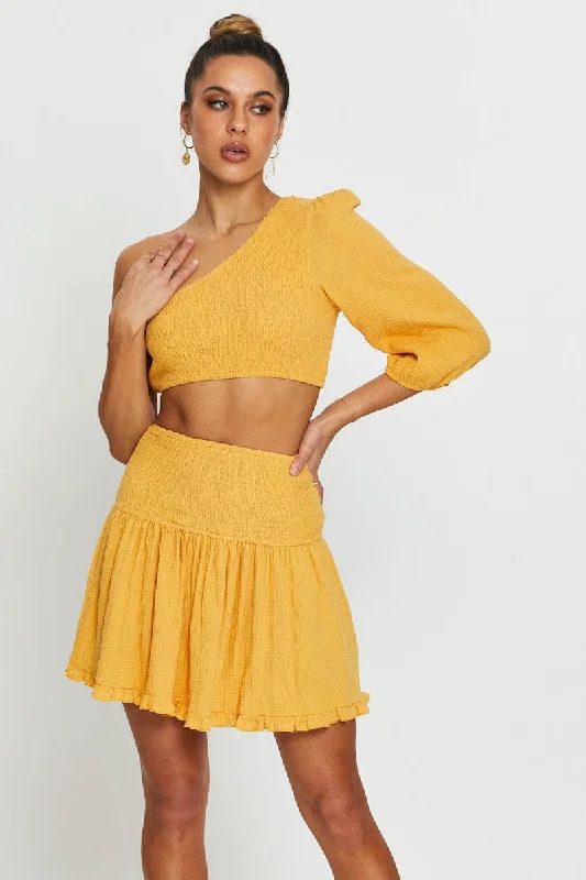 Modern Women's Outfit Yellow Shirred Skater Skirt