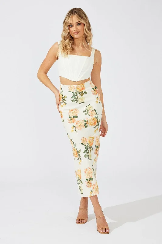 End of Season Sale Yellow Floral Maxi Skirt Slim Fit High Rise