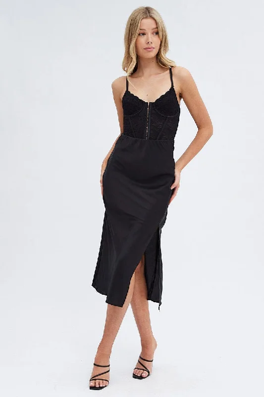 Women's Casual Wear Clothing Black Slip Skirt Midi High Rise Satin