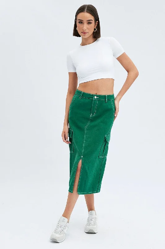 Women's Vacation Garments Green Midi Skirt Mid Rise A-line Cargo Contrast Stitch