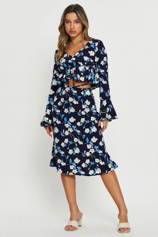 Women's Everyday Garments Print Midi Skirt Tie Waist