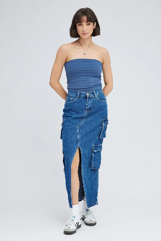 Women's Stylish Vacation Attire Denim Cargo Skirt Mid Rise Maxi Utility Pocket Details