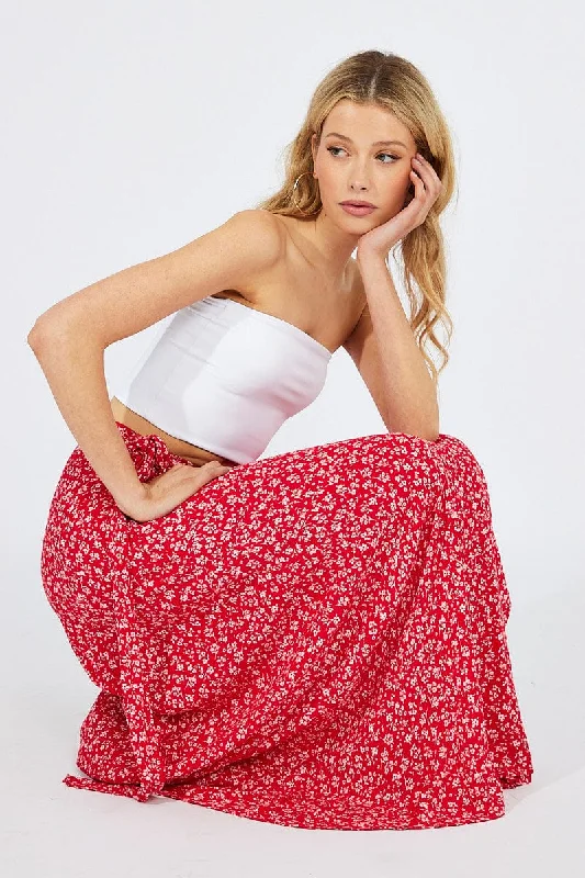 Women's Comfy Attire For Lounging Red Floral Maxi Skirt High Rise Wrap