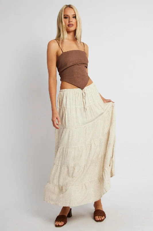 Sale On Clothing Beige Maxi Skirt Tiered High Rise Linen Blend
