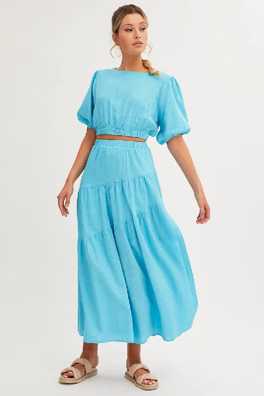 Women's Professional Apparel Blue Maxi Skirt Asymmetric Tier
