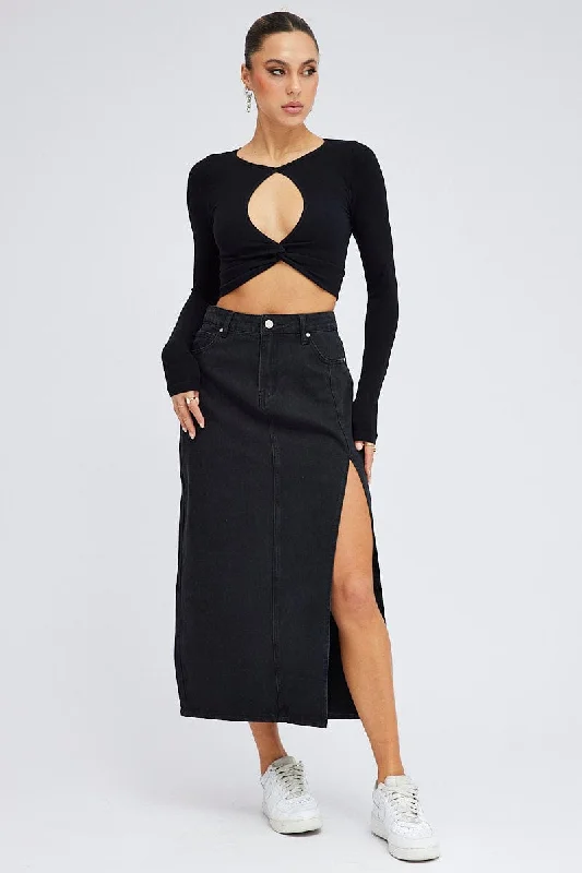 Formal Outfit For Women Black Maxi Skirt Mid Rise Denim Pencil Slit
