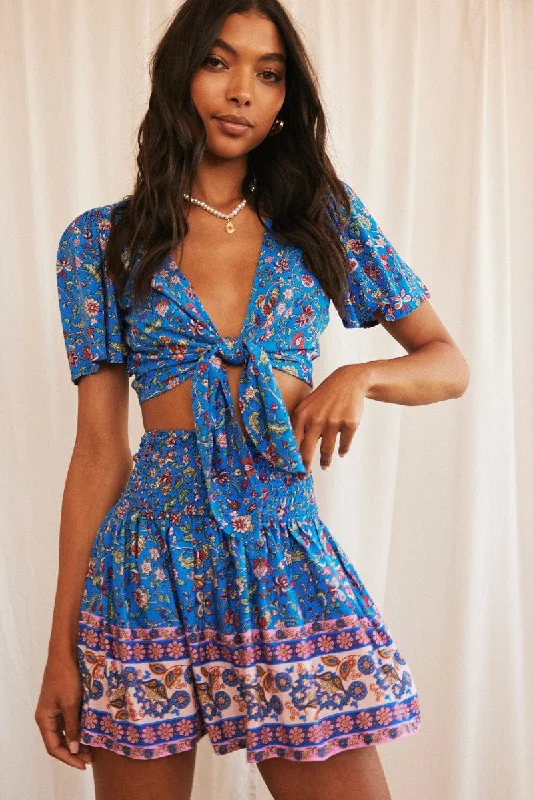 Women's Clothing For Travel Blue Boho Flare Skirt High Rise