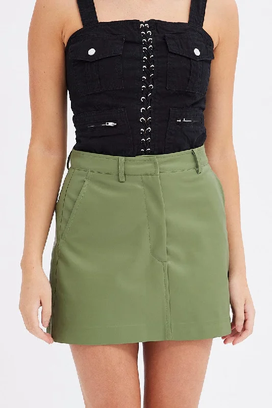 Casual Apparel For Women Green Mini Skirt High Rise Pocket Detail Faux Leather