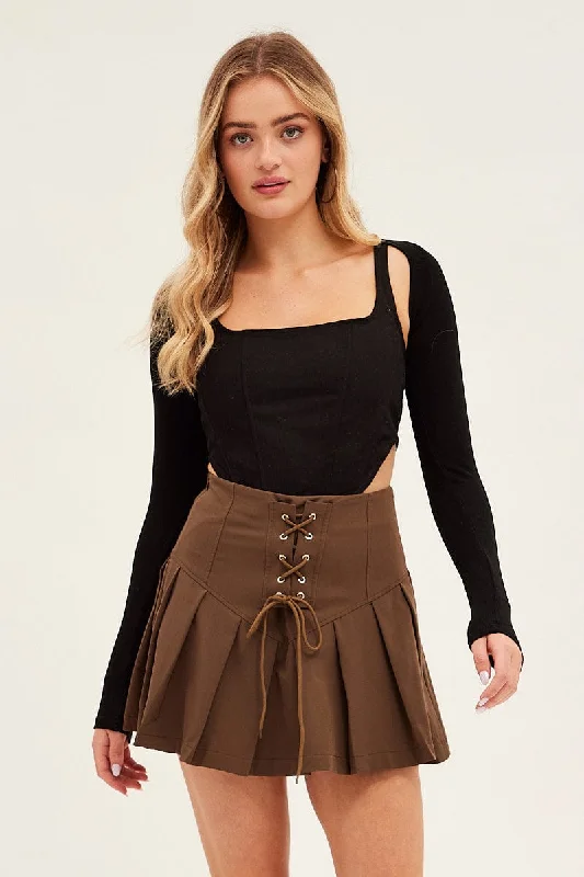 Affordable Trendy Clothes For Women Brown Tie Front Tennis Mini Skirt