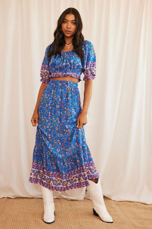 Plus-Size Women's Garments Blue Boho Maxi Skirt High Waisted Elastic Band Frill Hem