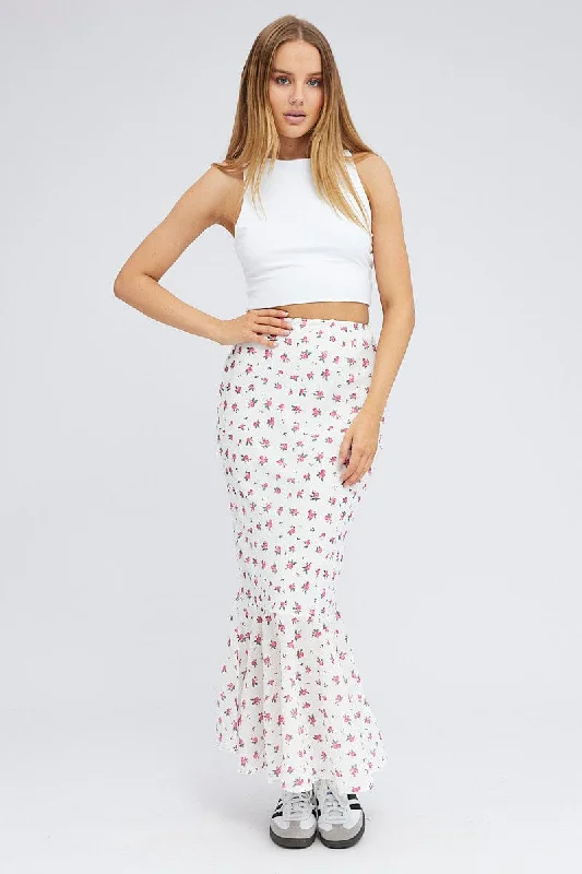 Chic Clothes For Women White Floral Maxi Skirt High Waist Fit & Flare Elastic Waist