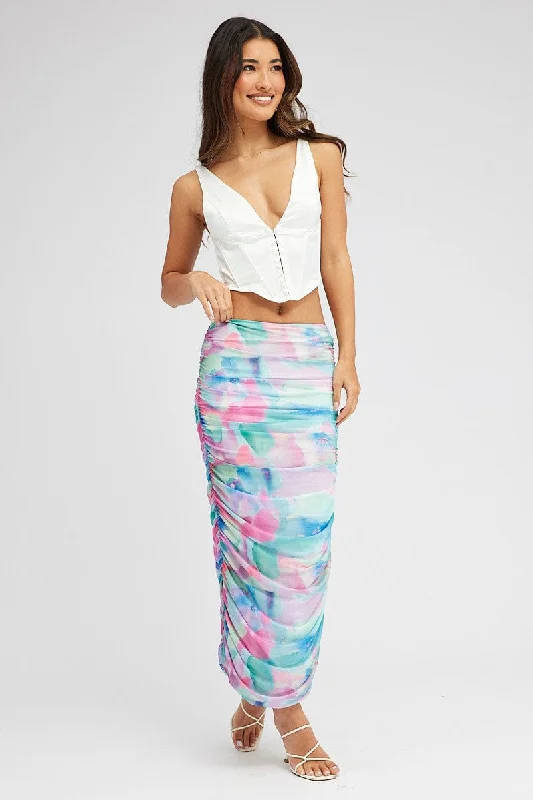 Women's Fashionable Attire For Work Multi Abstract Midi Skirt Side Ruched Mesh