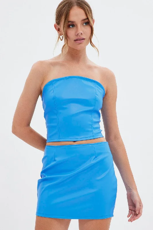 Women's Functional Apparel For Outdoor Activities Blue Faux Leather Mini Skirt Mid Rise Stretch