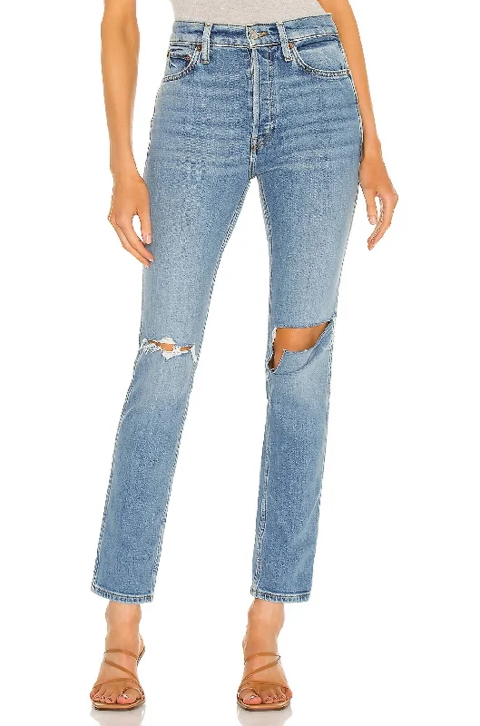 Chic Women's Clothing Online 80's Slim Straight Jean In Brisk Blue With Rips