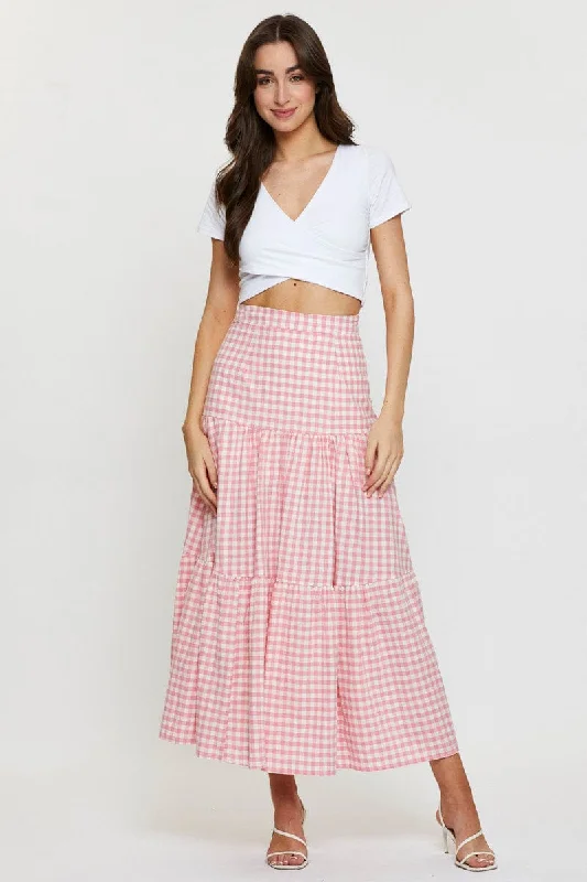 Women's Formal Event Clothing Check Elastic Waist Maxi Skirt