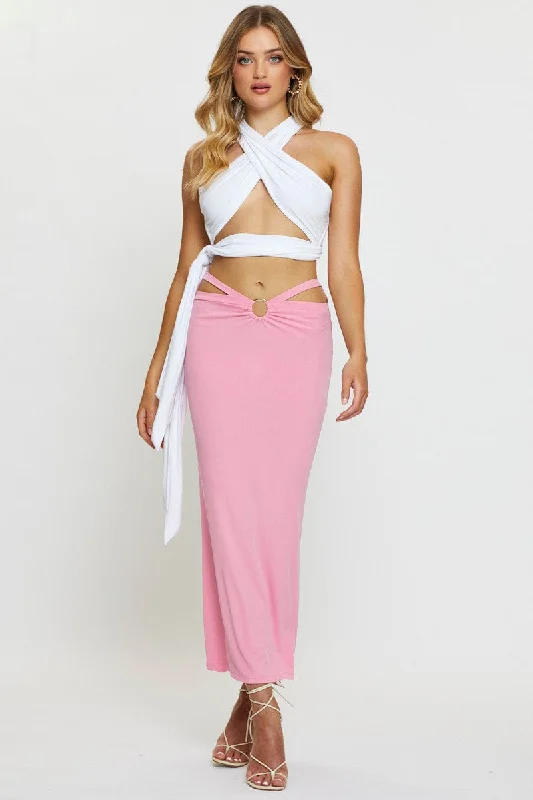 Big Sale Event Pink Midi Skirt Rig Detailed Ribbed Jersey