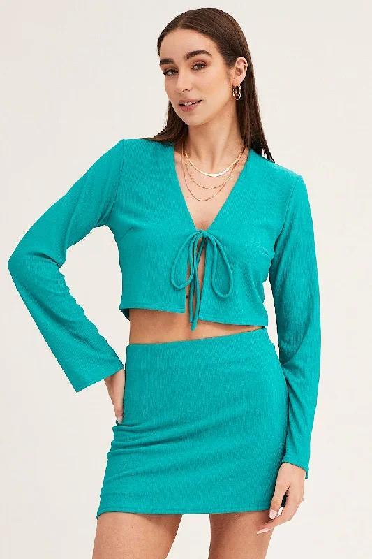 Women's Night-Out Clothes Green Textured A Line Mini Skirt