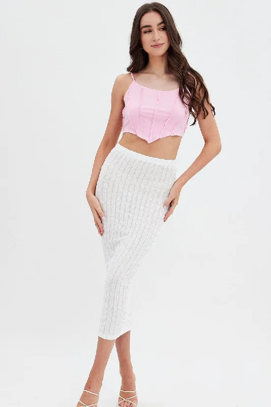 Plus-Size Women's Clothing White Textured Midi Skirt