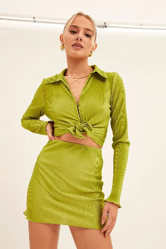 Women's Outerwear Garments Green Mini Skirt Plisse Satin