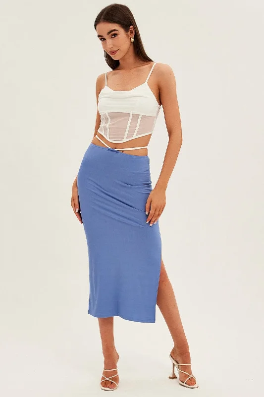 Casual and Comfortable Outfits Blue Midi Skirt Bodycon Tie Contrast Ribbed