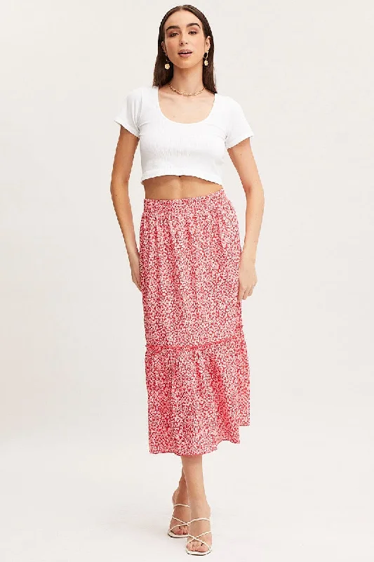 Trendy Women's Fashion Print Midi Skirt High Rise
