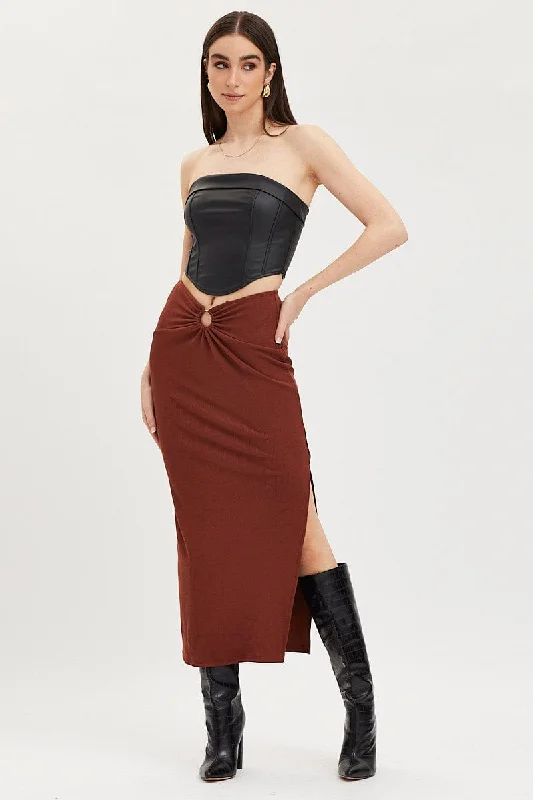 Fashionable Women's Clothing Brown Maxi Skirt High Rise Ring Detial Rib Jersey