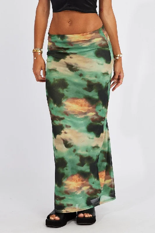 Chic Women's Attire Green Abstract Maxi Skirt High Rise Mesh