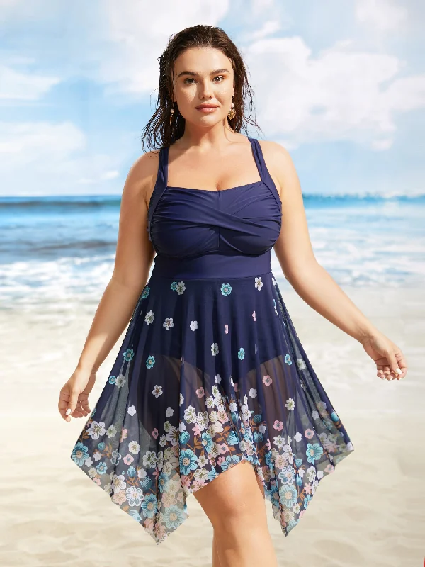 Comfortable Casual Women's Clothing Flowers Patchwork Mesh Hanky Hem Swim Dress