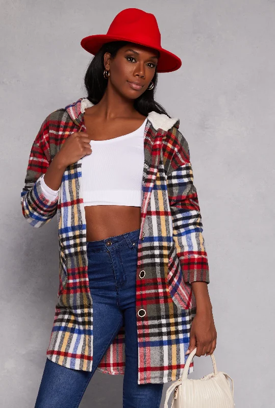 Women's Plus-Size Casual Outfit Spoon Jeans Plaid Flannel Long Hooded Shacket