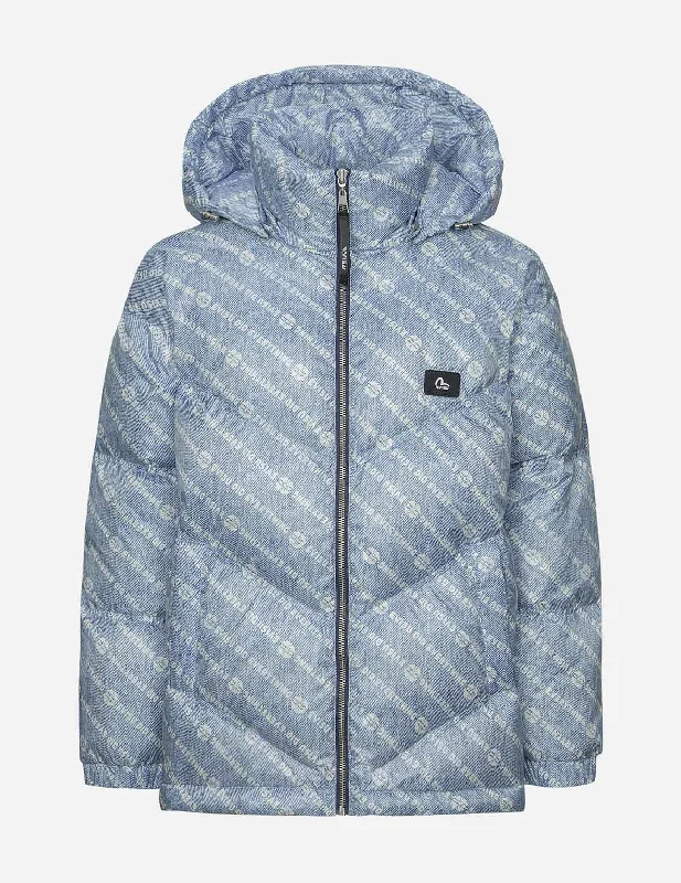 Versatile Women's Fashion Allover Slogan and Kamon Print Fashion Fit Down Jacket with Detachable Hood