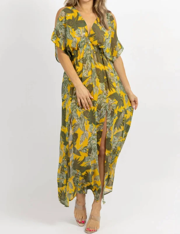 Women's Clothing Sets Cold Shoulder Maxi Dress In Yellow  Palm