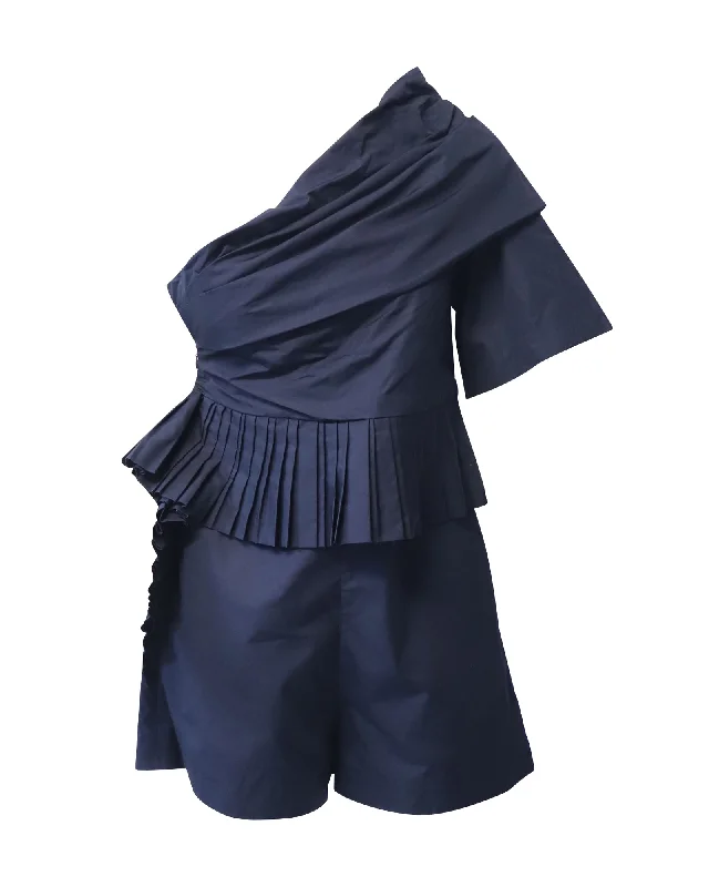 End of Season Sale Chloe Asymmetrical Pleated Playsuit in Navy Blue Cotton