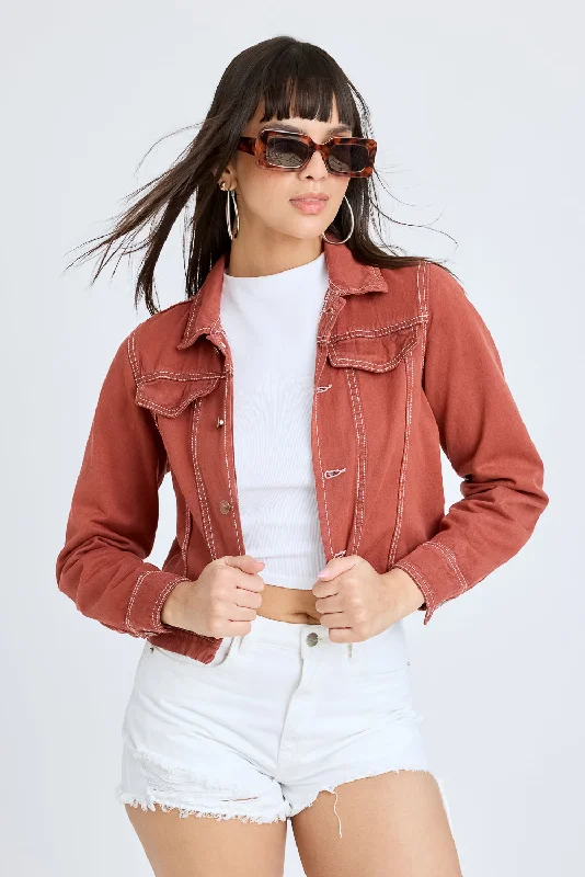 Stylish Women's Outfit Brick Contrast Denim Jacket
