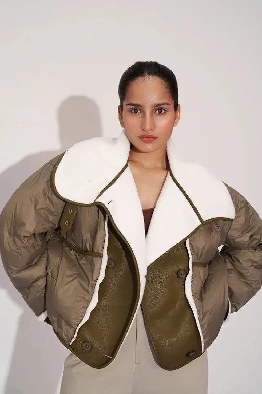Women's Clothing Sale Online Retro Olive Double Breasted Puffer Jacket