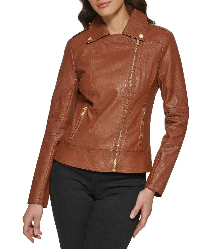 Women's Stylish Vacation Attire Faux Leather Asymmetrical Zip Moto