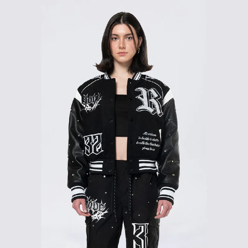 Women's Layered Outfit Rhinestone Varsity Jacket - Black