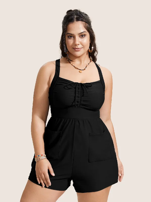 Unique Women's Fashion Pieces Plain Patched Pocket Drawstring One Piece Swimsuit