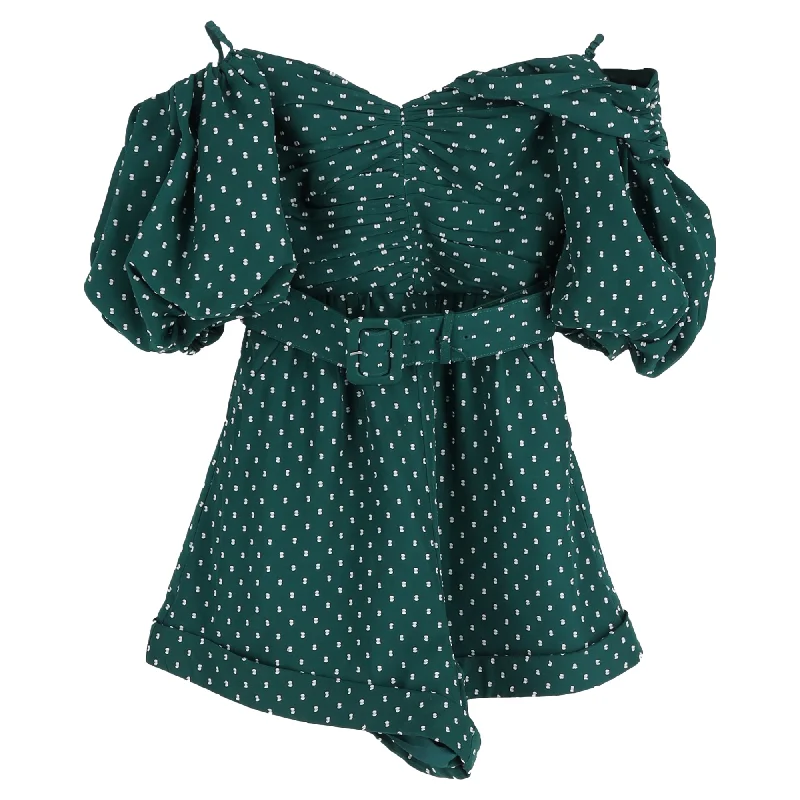 Best Online Clothing Boutiques Self-Portrait Polka Dot One-shoulder Belted Fil Coupé Romper in Green Polyester Best Online Clothing Boutiques Self-Portrait Polka Dot One-shoulder Belted Fil Coupé Romper in Green Polyester