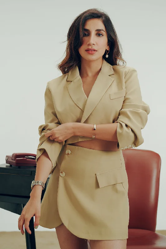 Women's Relaxed Clothes Beige Lapel Neck Cropped Blazer